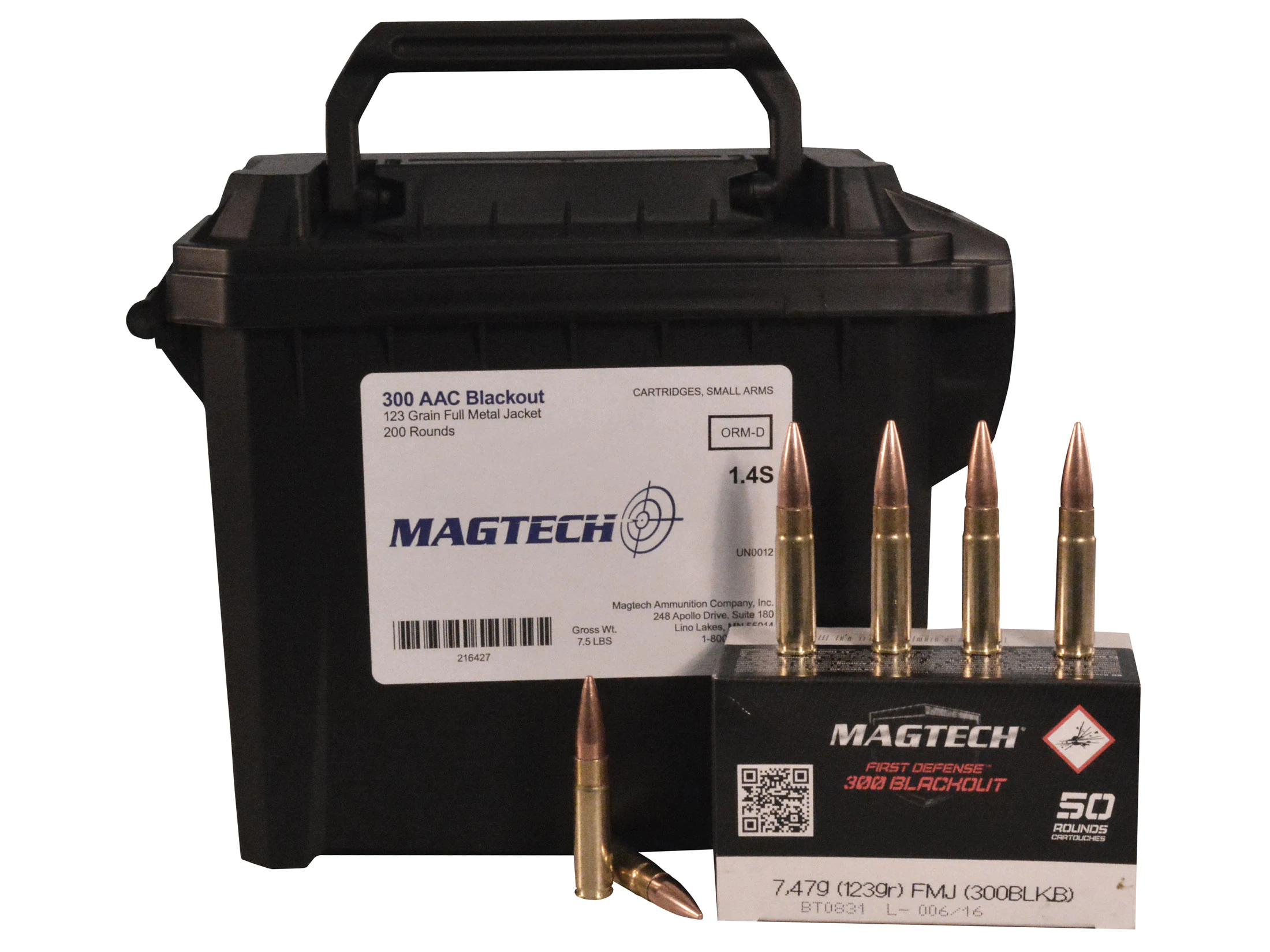 Image of Magtech First Defense Ammunition 300 AAC Blackout 123 Grain Full Metal Jacket Ammo Can of 200 (4 Boxes of 50)