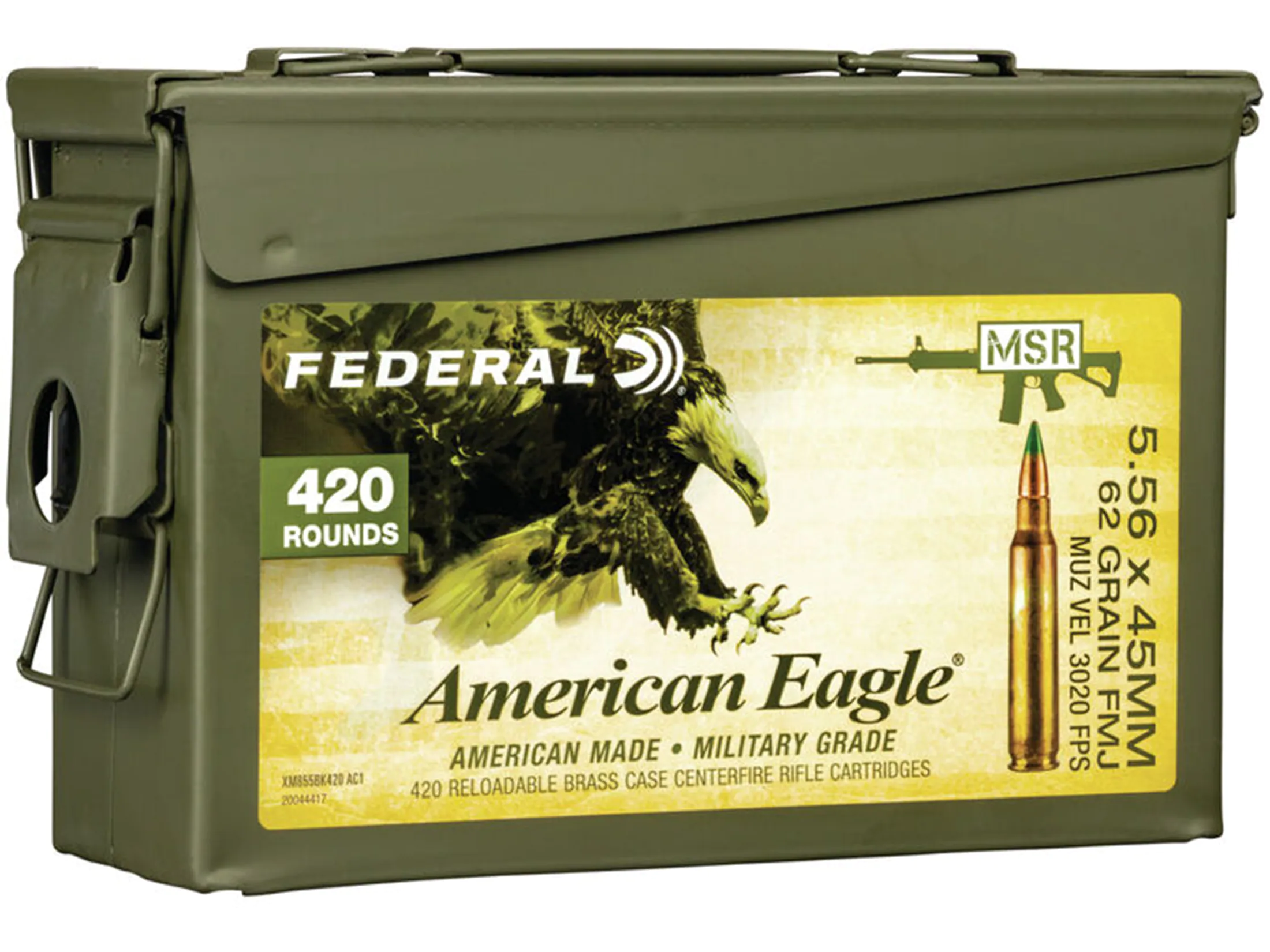 Image of Federal American Eagle Ammunition 5.56x45mm NATO 62 Grain XM855 SS109 Penetrator Full Metal Jacket Boat Tail Ammo Can of 420 (Bulk)