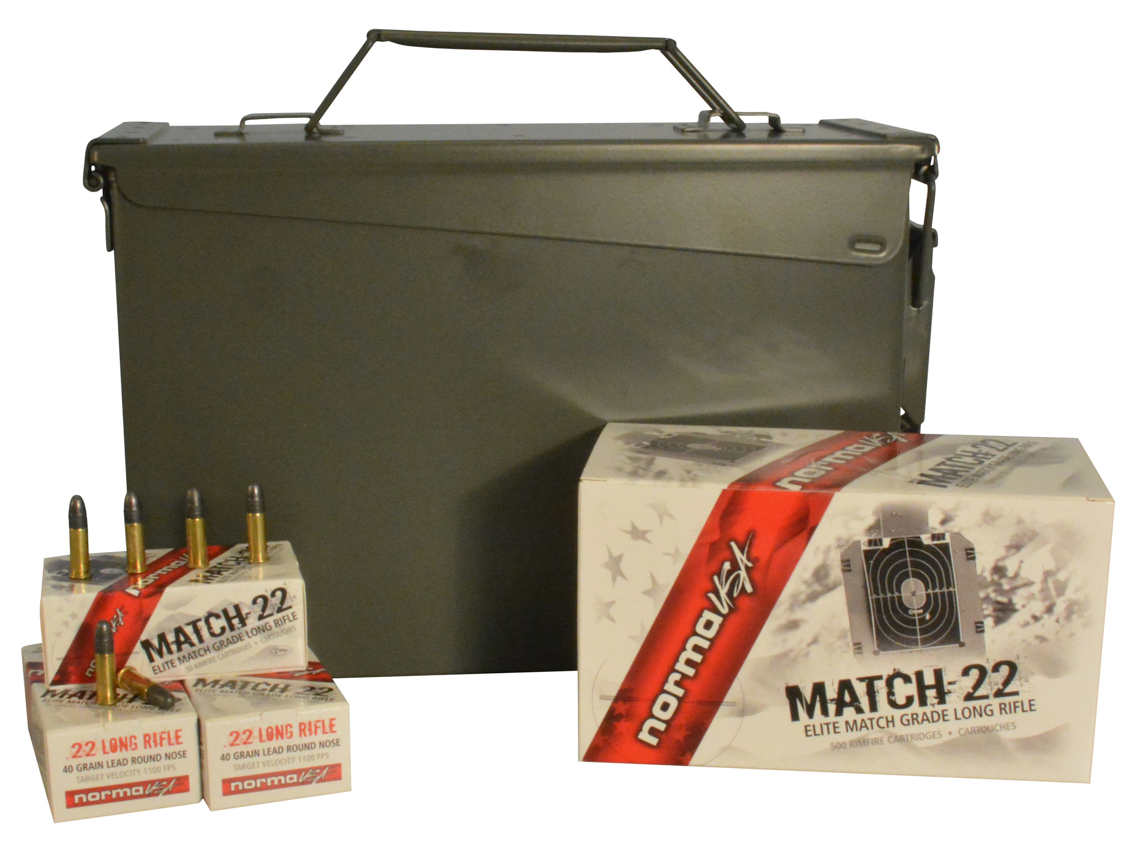 Image of Norma Match-22 Ammunition 22 Long Rifle 40 Grain Lead Round Nose Ammo Can of 1500 (3 Boxes of 500)
