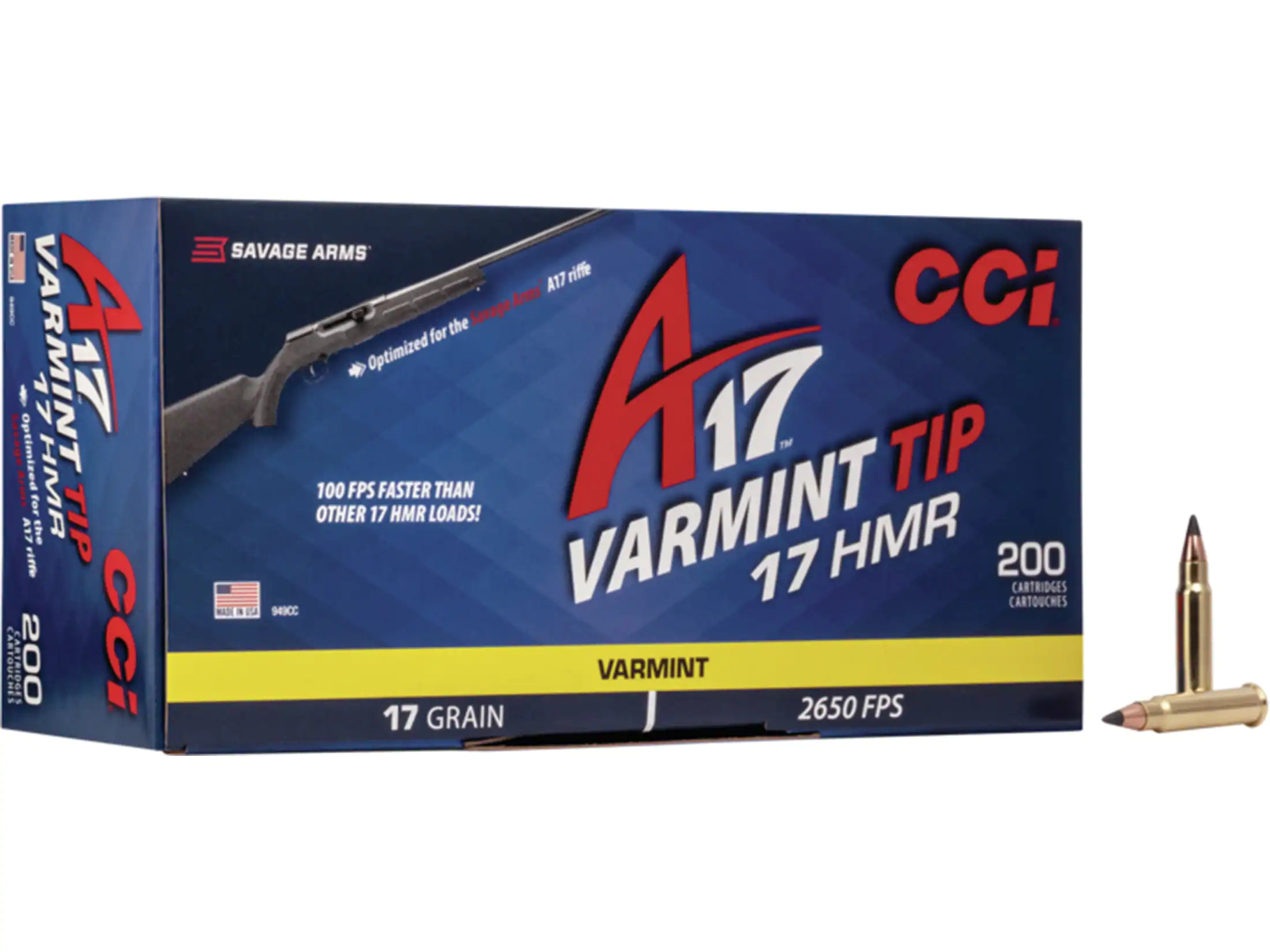 Image of CCI A17 Ammunition 17 Hornady Magnum Rimfire (HMR) 17 Grain Tipped Varmint Box of 200 - Blemished