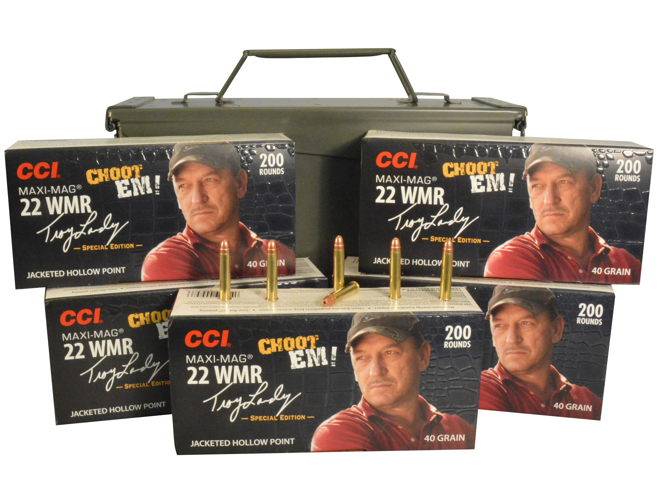 Image of CCI Maxi-Mag Ammunition Troy Landry Special Edition 22 Winchester Magnum Rimfire (WMR) 40 Grain Jacketed Hollow Point Ammo Can of 1000 (5 Boxes of 200)