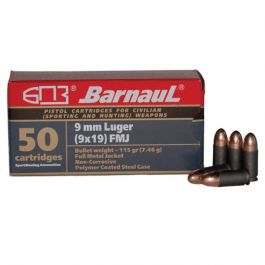Image of Barnaul Ammunition 115 gr FMJ 9mm Ammo, 50/box - BRN9MMLUGERFMJ115