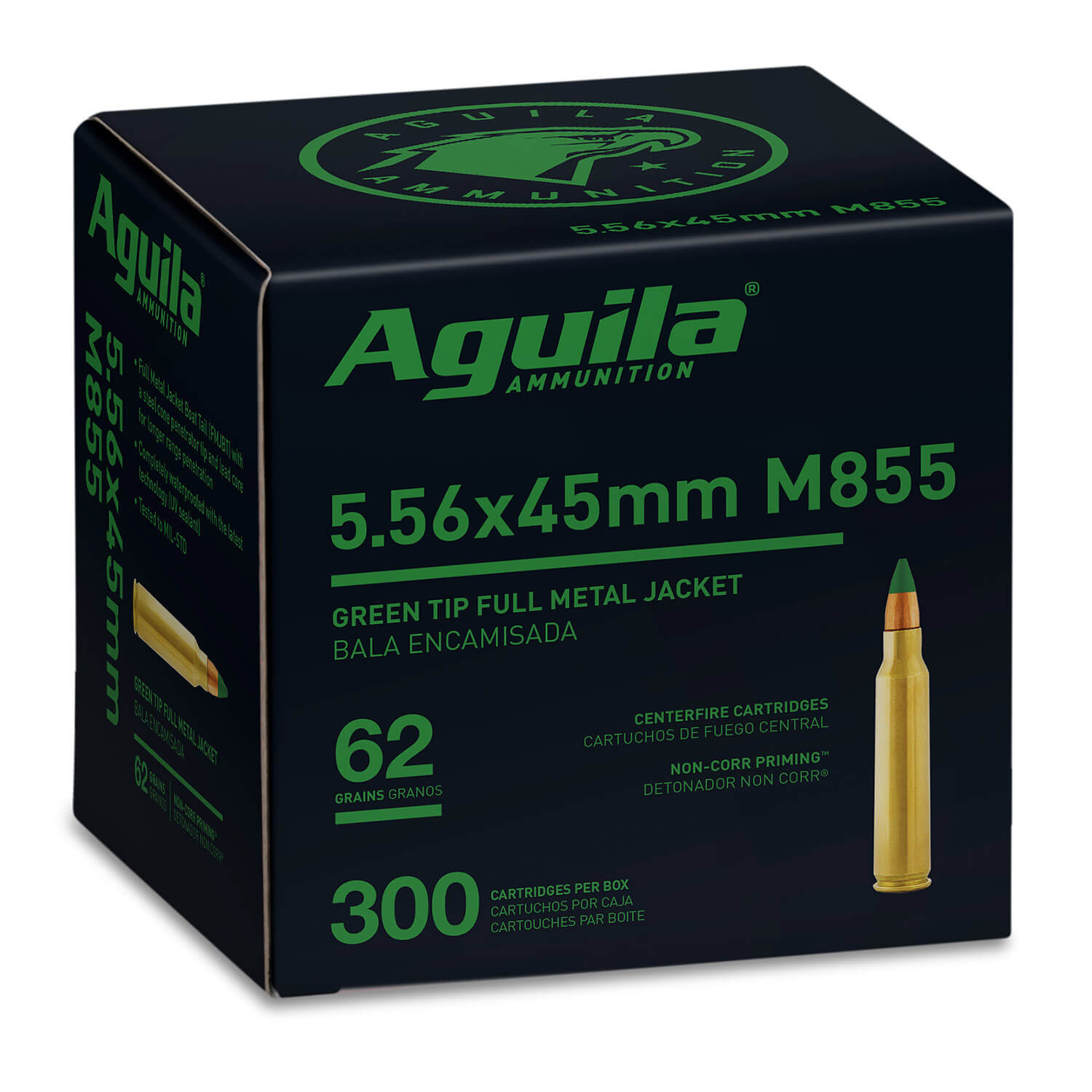 Image of Aguila M855 Green Tip Rifle Ammunition 5.56mm 62gr FMJBT 3150 fps 300/ct