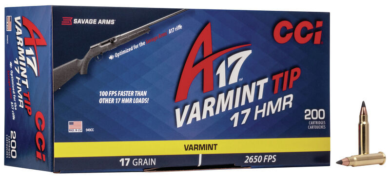 Image of CCI A17 Varmint Tip Rimfire Ammunition .17 HMR 17 gr VTip 2650 fps 200/ct